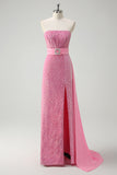 Leely Pink Strapless Sequined Side Cape Column Prom Dress with Slit
