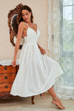 A Line Spaghetti Straps White Tea Length Party Dress