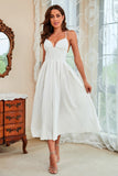 A Line Spaghetti Straps White Tea Length Party Dress