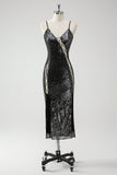 Sexy Black Spaghetti Straps Sequin Bodycon See Through Party Dress