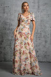 Light Khaki Floral Printed A-Line V-neck Maxi Prom Dress