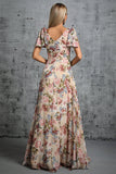 Light Khaki Floral Printed A-Line V-neck Maxi Prom Dress