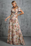 Light Khaki Floral Printed A-Line V-neck Maxi Prom Dress