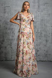 Light Khaki Floral Printed A-Line V-neck Maxi Prom Dress