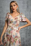 Light Khaki Floral Printed A-Line V-neck Maxi Prom Dress