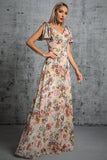 Light Khaki Floral Printed A-Line V-neck Maxi Prom Dress