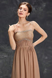 Khaki A-Line Strapless Chiffon Long Prom Dress