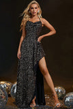 Sparkly Sequined Black Spaghetti Straps Maxi Formal Dress with Slit