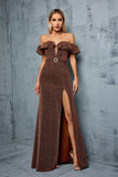 Glitter Coffee Off the Shoulder Ruffled Sheath Formal Dress with Slit