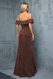 Glitter Coffee Off the Shoulder Ruffled Sheath Formal Dress with Slit