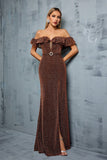 Glitter Coffee Off the Shoulder Ruffled Sheath Formal Dress with Slit