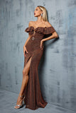 Glitter Coffee Off the Shoulder Ruffled Sheath Formal Dress with Slit