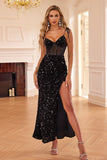 Black Mermaid Corset Spaghetti Straps Sequin Long Prom Dress with Slit