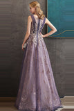 Sparkly Purple A Line Sleeveless Tulle Long Prom Dress