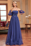 Navy A Line Strapless Removable Sleeves Pleated Long Prom Dress