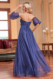 Navy A Line Strapless Removable Sleeves Pleated Long Prom Dress
