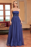 Navy A Line Strapless Removable Sleeves Pleated Long Prom Dress