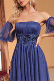 Navy A Line Strapless Removable Sleeves Pleated Long Prom Dress