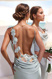Grey Green Mermaid 3D Flower Backless Long Prom Dress