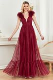 Burgundy A Line V Neck Sleeveless Tulle Maxi Prom Dress