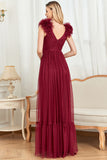 Burgundy A Line V Neck Sleeveless Tulle Maxi Prom Dress