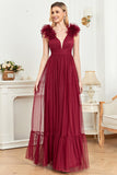 Burgundy A Line V Neck Sleeveless Tulle Maxi Prom Dress