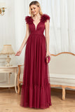 Burgundy A Line V Neck Sleeveless Tulle Maxi Prom Dress