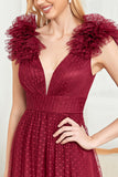 Burgundy A Line V Neck Sleeveless Tulle Maxi Prom Dress