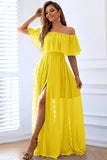 Yellow A-Line Off the Shoulder Ruffle Long Wedding Guest Dress with Slit