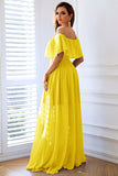 Yellow A-Line Off the Shoulder Ruffle Long Wedding Guest Dress with Slit
