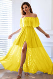 Yellow A-Line Off the Shoulder Ruffle Long Wedding Guest Dress with Slit