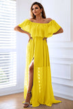 Yellow A-Line Off the Shoulder Ruffle Long Wedding Guest Dress with Slit