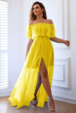 Yellow A-Line Off the Shoulder Ruffle Long Wedding Guest Dress with Slit
