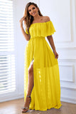 Yellow A-Line Off the Shoulder Ruffle Long Wedding Guest Dress with Slit