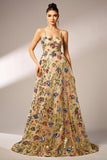 Leely Women Sparkly Floral Apricot A-Line Long Prom Dress Spaghetti Straps Sequined Evening Dress
