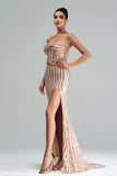 Apricot Mermaid Strapless Sequined Split Gala Dress