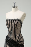 Strapless Black Sequined Bodycon Mini Cocktail Dress