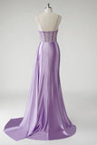 Purple Satin Mermaid Beaded Side Cape Prom Dress with Slit
