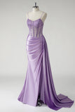 Purple Satin Mermaid Beaded Side Cape Prom Dress with Slit