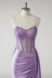 Purple Satin Mermaid Beaded Side Cape Prom Dress with Slit