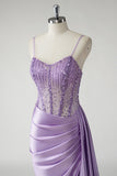 Purple Satin Mermaid Beaded Side Cape Prom Dress with Slit