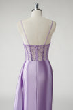 Purple Satin Mermaid Beaded Side Cape Prom Dress with Slit