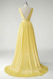 V-Neck Applique Yellow Ball Gown Prom Dress