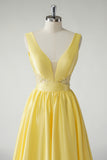 V-Neck Applique Yellow Ball Gown Prom Dress