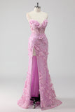 Lilac Sweetheart Floral Corset Maxi Prom Dress with Slit