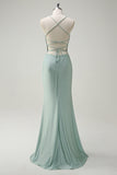 Sage Sheath Cowl Neck Lace Up Back Prom Dress
