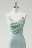Sage Sheath Cowl Neck Lace Up Back Prom Dress