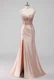Blush Satin Sequin Corset Maxi Prom Dress with Appliques