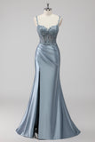 Blush Satin Sequin Corset Maxi Prom Dress with Appliques