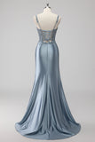 Blush Satin Sequin Corset Maxi Prom Dress with Appliques